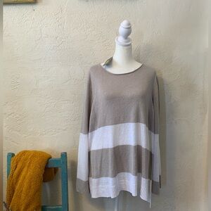 EILEEN FISHER 100% LINEN SWEATER SZ 2X  WHITE GREY-BEIGE STRIPE COASTAL RESORT